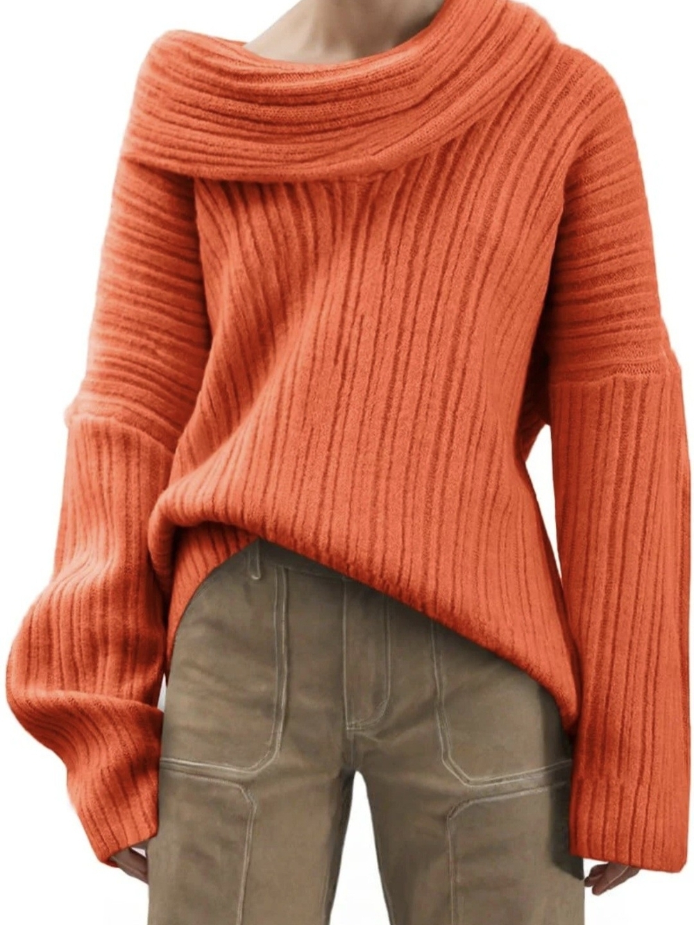 Ribbed Off-Shoulder Cowl Neck Sweater - Orange #1305